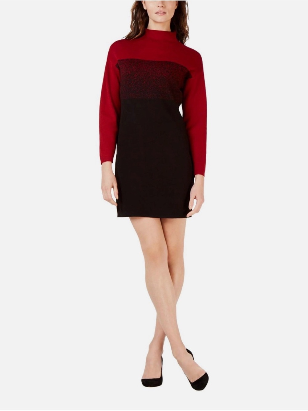 Anne Klein Red and Black Colorblock Ombré Sweater Dress